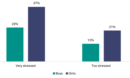 Figure 65 is a graph showing student views about their stress levels for NCEA Level 1 assessment, by gender.      23% of boys are very stressed, and 12% are too stressed.   37% of girls are very stressed, and 21% are too stressed.