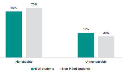 Figure 80 is a graph showing Māori and non-Māori student views on whether their NCEA Level 1 assessment workload is manageable.      65% of Māori students report their NCEA Level 1 assessment workload is manageable, 70% of non-Māori students report the same.    35% of Māori students report their NCEA Level 1 assessment workload is unmanageable, 30% of non-Māori students report the same.