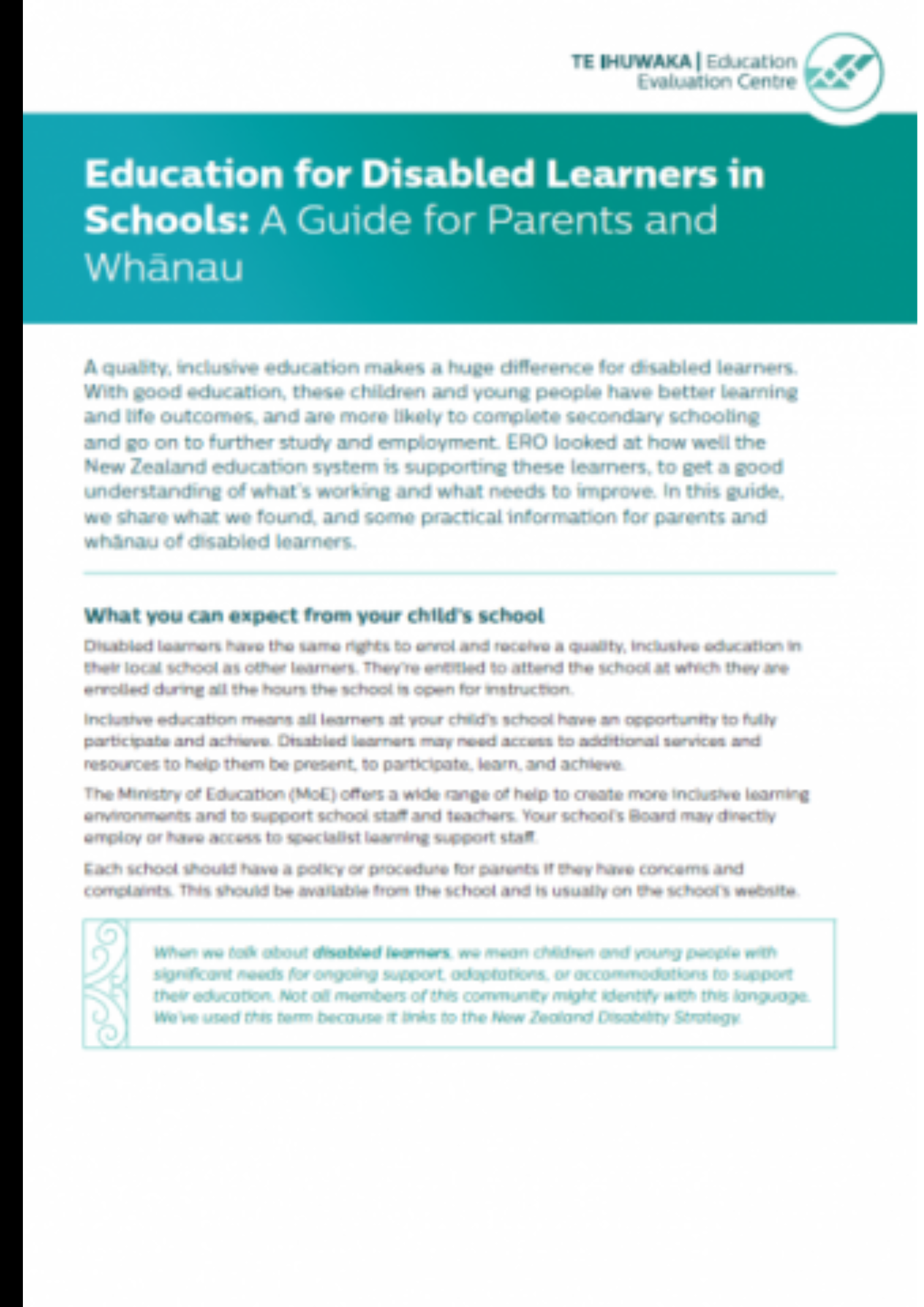 Education for Disabled Learners in Schools: A Guide for Parents and Whānau