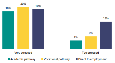 Figure 64 is a graph showing parent and whānau views on their child's stress for NCEA Level 1 assessment, by future pathways.         Of parents and whānau whose child is on an academic pathway, 18% report their child is very stressed, and 4% are too stressed   Of parents and whānau whose child is on a vocational pathway, 20% report their child is very stressed, and 6% are too stressed   Of parents and whānau whose child is going direct to employment, 19% report their child is very stressed, and 13% are too stressed