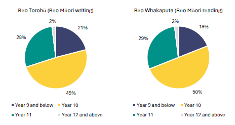 Figure 9 is a graph showing students who sat the te reo matatini co-requisite by Year group as a proportion of all students who sat them in May/June 2024.      For the reo torohū (reo Māori writing), 21% of those who sat it were in Year 9 and below, 49% were in Year 10, 28% were in Year 11, 2% were in Year 12 and above.    For the reo whakaputa (reo Māori reading), 19% of those who sat it were in Year 9 and below, 50% were in Year 10, 29% were in Year 11, 2% were in Year 12 and above.