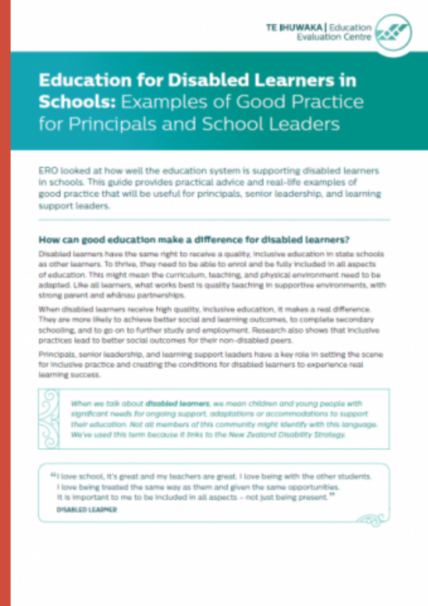 Education for Disabled Learners in Schools: Examples of Good Practice for Principals and School Leaders - Guide