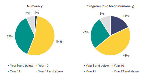 Figure 11 is a graph showing students who sat the numeracy and pāngarau co-requisite by year group as a proportion of all students who sat them in May/June 2024.      For the numeracy co-requisite, 2% of those who sat it were in Year 9 and below, 54% were in Year 10, 37% were in Year 11, 7% were in Year 12 and above.    For the pāngarau (reo Māori numeracy) co-requisite, 18% of those who sat it were in Year 9 and below, 46% were in Year 10, 27% were in Year 11, 9% were in Year 12 and above.