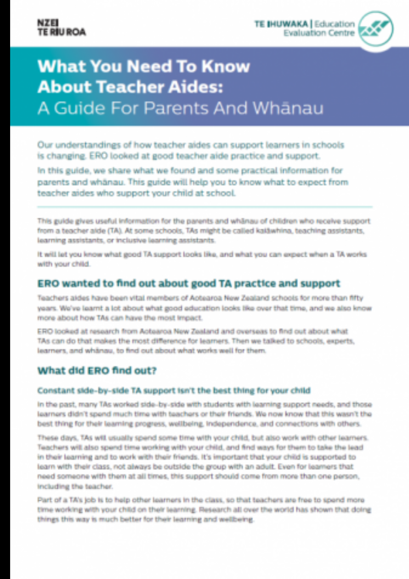 What you need to know about teacher aides: A guide for parents and whānau
