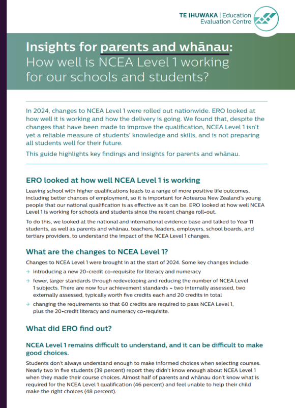 Insights for parents and whānau: How well is NCEA Level 1 working for schools and students?